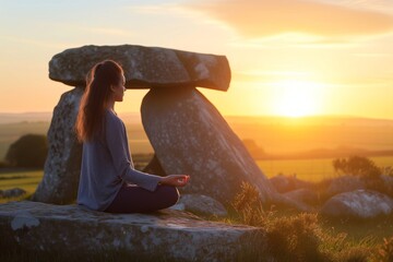woman meditating by a dolmen at sunrise - obrazy, fototapety, plakaty