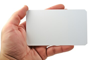 A person holding white blank card in the hand. Blank business card in the palm of a person isolated on white background. A meme template. Name card without any text. Pasteboard. No text. Card template