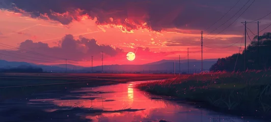 Foto op Canvas Serene anime-style sunset over a rural landscape, with shimmering reflections on water and a sky painted in vibrant reds and oranges, evoking a sense of peace. © Maxim