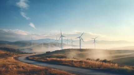 A beautiful morning landscape with a road, a wind farm in fog against a background of blue sky and mountains. A source of alternative renewable electricity in nature. 