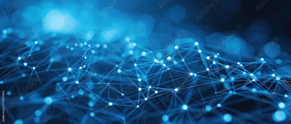 Poster blue background digital network connecting with moving lines and dots low-poly wireframe