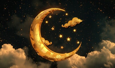 Golden crescent moon with stars and clouds on dark night sky background