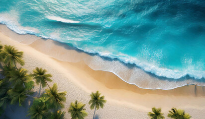 The image is an aerial view of a long beach with turquoise water. Gentle waves lap at the shore, creating a frothy white border. The beach is lined with lush green palm trees. In the distance, the wat