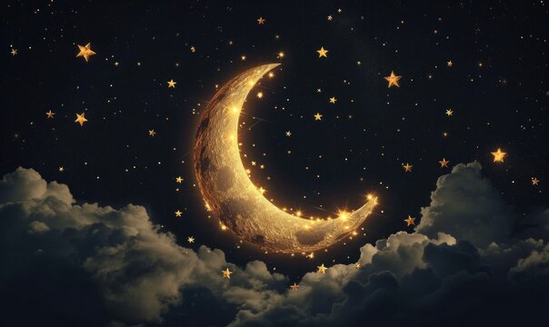 Golden crescent moon with stars and clouds on dark night sky background