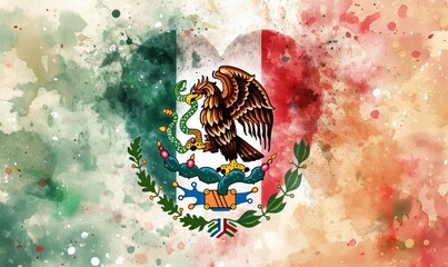 Fototapeta na wymiar Abstract flag of Mexico in heart shape, made from paint splashes. Template for national holidays.
