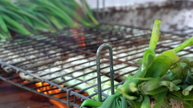 Close up grilled onions, traditional "cal&ccedil;otada" Catalunya.
