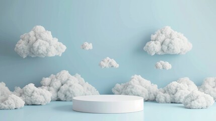 Minimalistic background with white round podium, stage and clouds.