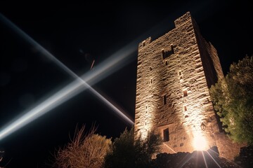 castle tower lit up with powerful beam lights - obrazy, fototapety, plakaty