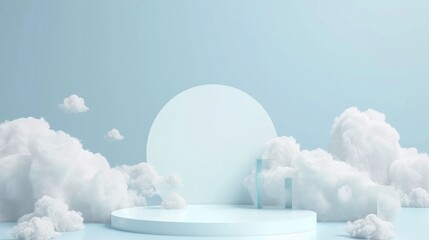 Minimalistic background with white round podium, stage and clouds.