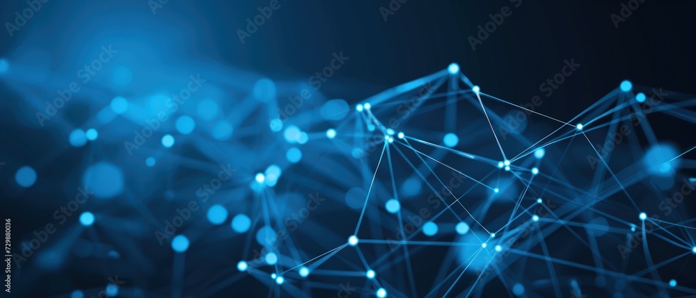 Wall mural blue background digital network connecting with moving lines and dots low-poly wireframe