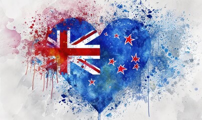 Abstract painted New Zealand flag in heart shape. Template for national holidays.