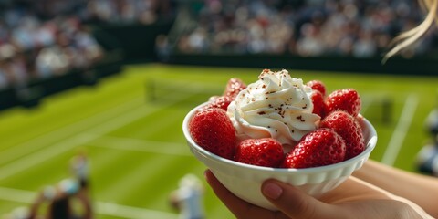 Grass court tennis stadium and strawberries with cream
