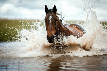 Obraz premium action shot of horse splashing through water obstacle towards viewer