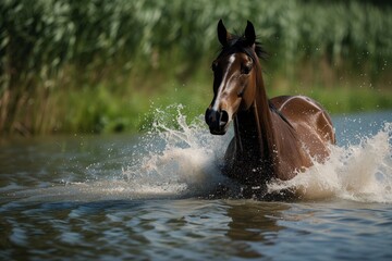 action shot of horse splashing through water obstacle towards viewer