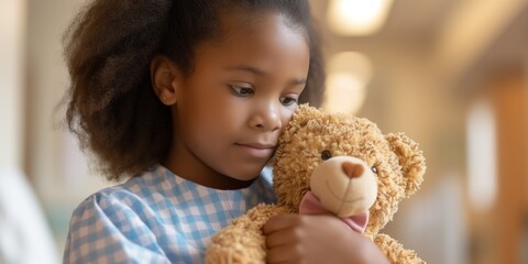 Little girl with teddy bear in hospital - Powered by Adobe
