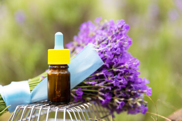 Brown glass bottle with dropper of lavender essential oil with fresh lavender flowers on natural lavender field background. aromatherapy spa massage concept. Lavendula oleum.