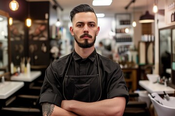 portrait of hairdresser with arms crossed in salon - 729881002