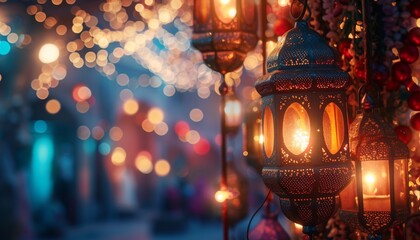 Eid ul Fitr, with an array of beautifully decorated lights, traditional ornaments, and the spirit of celebration in the air - obrazy, fototapety, plakaty