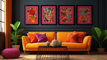 Vibrant Living Room Decor with Colorful Artwork, Orange Sofa, and Greenery Creating a Warm, Inviting Space