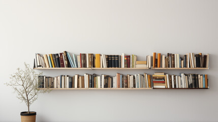 Modern Floating Bookshelves with Assorted Books and Plant, Blending Literature with Home Botanicals
