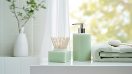 Fototapeta na wymiar Modern Bathroom Vanity with Green Accents and White Towels, Offering a Refreshing and Clean Environment