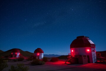 Fototapeta na wymiar observatory buildings with red lights, under a clear desert night sky
