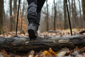 person with poles about to step over a log