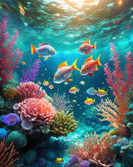 Naklejka premium underwater scene vibrant coral reef teeming with colorful fish