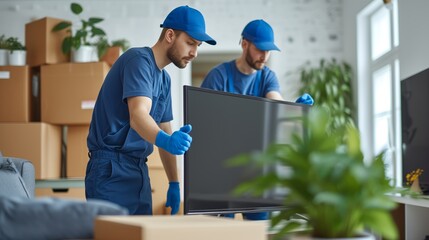 Professional Movers Handling a TV, Safe Transport and Delivery Service