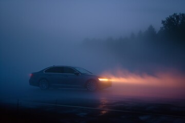 Fototapeta na wymiar side view of car with beams cutting through evening fog