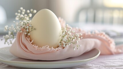Fototapeta na wymiar Elegant Egg with Baby's Breath on Pastel Cloth, Delicate Easter Table Setting