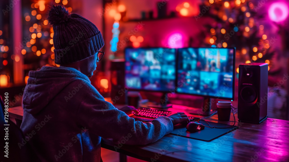 Poster focused cybersecurity expert analyzing code in a neon-lit room, intently working on computer with hd