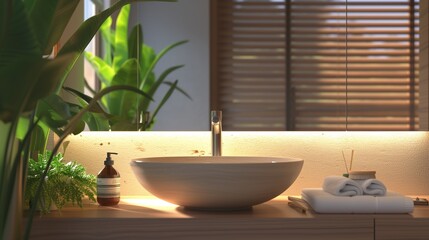 Fototapeta premium Zen-inspired bathroom with a bowl sink, fresh plants, and natural light, ideal for showcasing modern home decor and tranquil bathroom designs