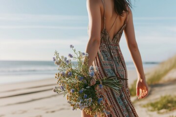 female in a sundress holding wildflowers, walking on a beach - obrazy, fototapety, plakaty