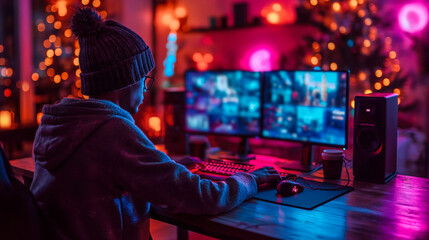 Fototapeta premium Focused Cybersecurity Expert Analyzing Code in a Neon-Lit Room, Intently Working on Computer with HD Display in a High-Tech Cybersecurity Hub