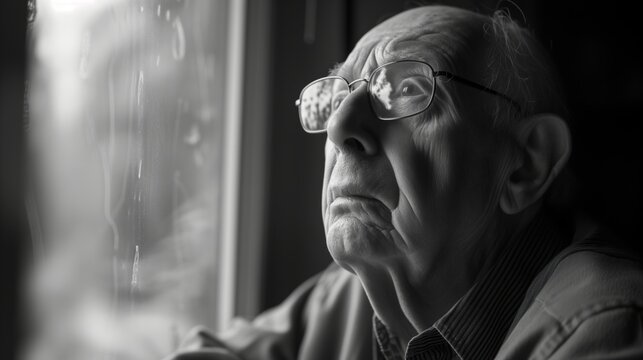 Elderly man gazing out the window, his expression contemplative, capturing a moment of reflection or longing, suitable for themes of aging, solitude, or reminiscence