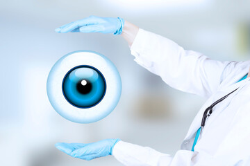 Realistic human eye with blue cornea as a round icon with protective hand gesture, female...