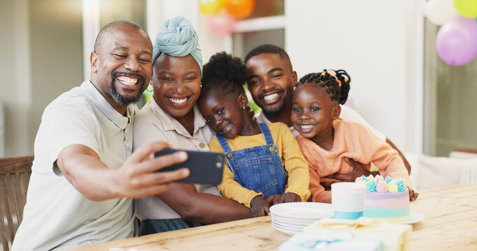 Selfie, birthday and black family of children and parent together for bonding, love and care. African woman, man and happy kids at home for a picture, quality time and bonding or fun at a party