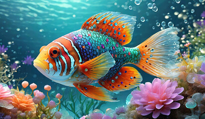 blue tang surgeonfish, clownfish with orange stripes are swimming amidst the coral formations. 