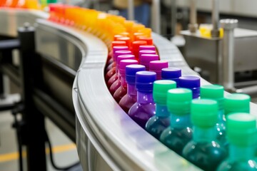 conveyor belt corner turning with color capped bottles