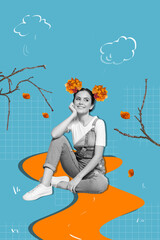 Composite collage image of young female sitting enjoy dreamy autumn leaves leisure weather fantasy...
