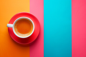 Red white cup of tea on colorful pink blue yellow and turquoise background.