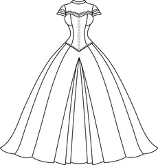 Coloring page of a princess dress for kids. Fashion illustration colouring book 