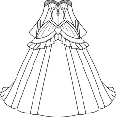 Coloring page of a princess dress for kids. Fashion illustration colouring book 