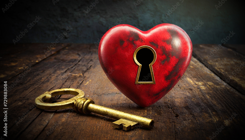 Poster closeup of a red heart with keyhole and golden key on a wooden background with copy space. generativ