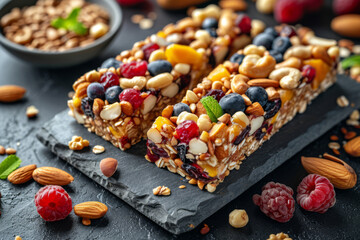 A homemade fruit and nut bar, serving as a natural and energy-boosting snack. Concept of whole food-based and additive-free snacking. Generative Ai.