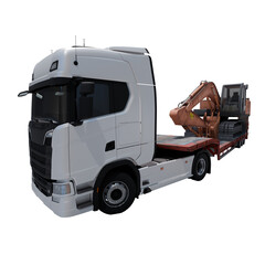 Semi Truck with Lowboy Platform Trailer 3D rendering on white background carrying an Excavator  