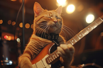 Naklejka premium A Cat Is Playing The Guitar In Front Of A Microphone