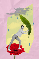 Vertical creative photo collage young amazed girl hide rain storm clouds plant leaf red gerbera...