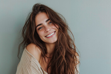 woman smiling for a camera on a gray background, in the style of light azure, softly organic, light sky-blue and dark brown, serene faces, wavy, drugcore